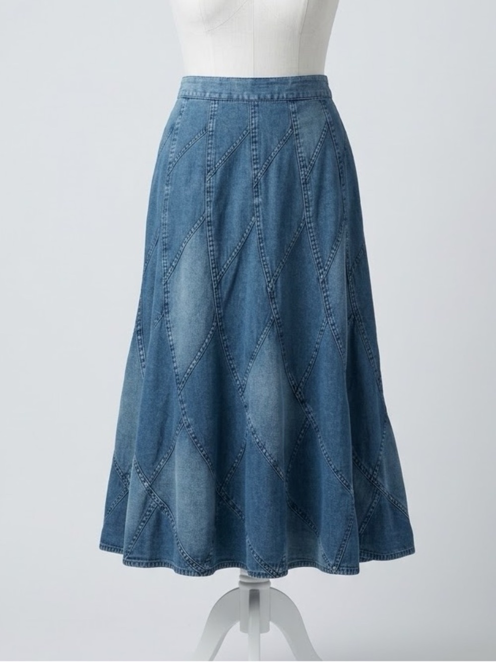 Studio West 90s Denim Patchwork Diamond Seamed A-Line Maxi Midi Skirt M